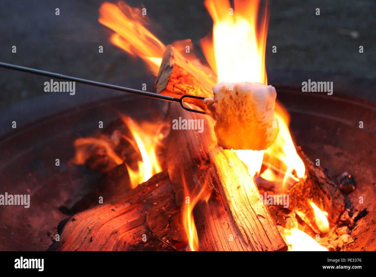 Incendio in una buca per il fuoco, tostatura marshmallow Foto Stock
