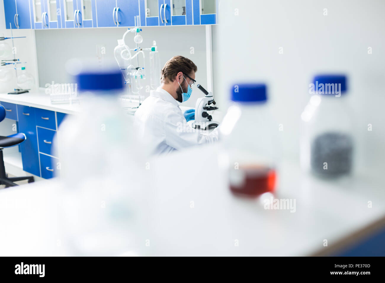 Laboratorio biologico. Professional smart bella seduta dello scienziato in laboratorio e studiare campioni di prova mentre è al lavoro Foto Stock