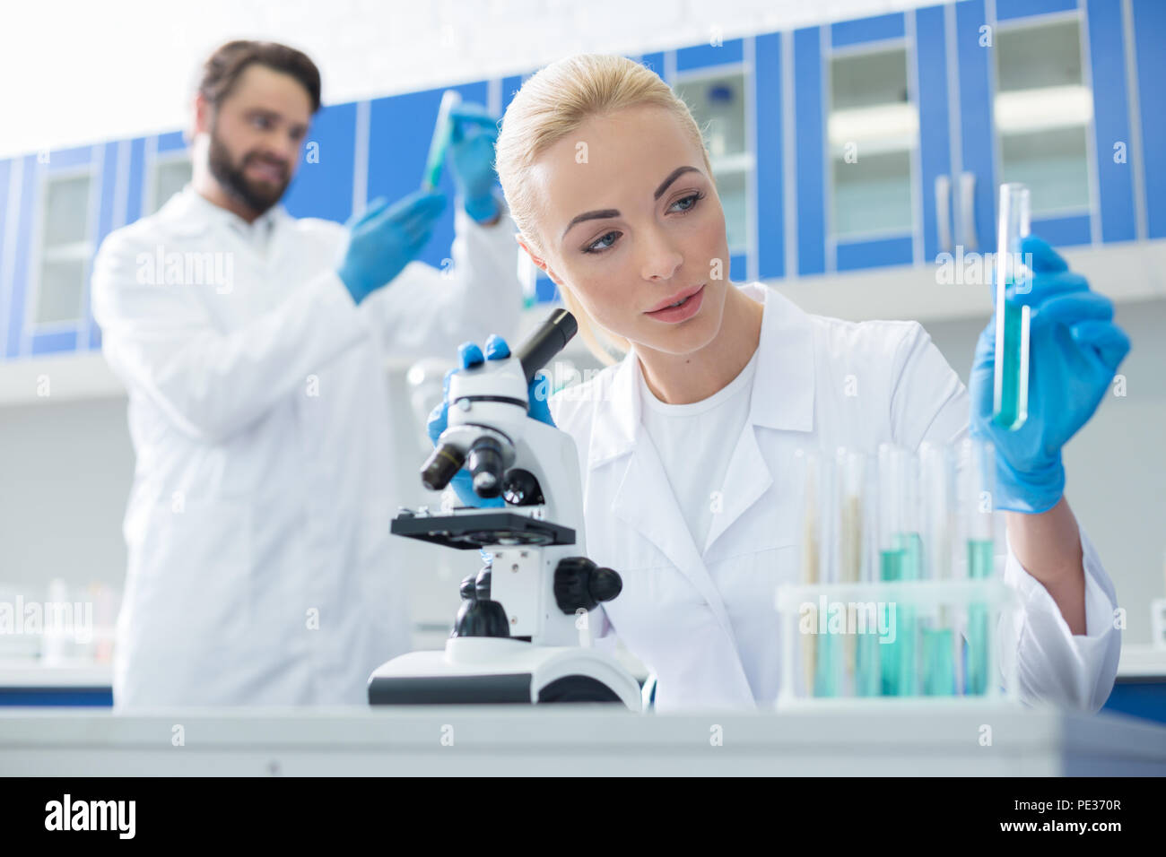 Analisi di laboratorio. Bella piacevole giovane donna seduta di fronte al microscopio e trattenere un tubo di prova mentre si esegue una analisi di laboratorio Foto Stock