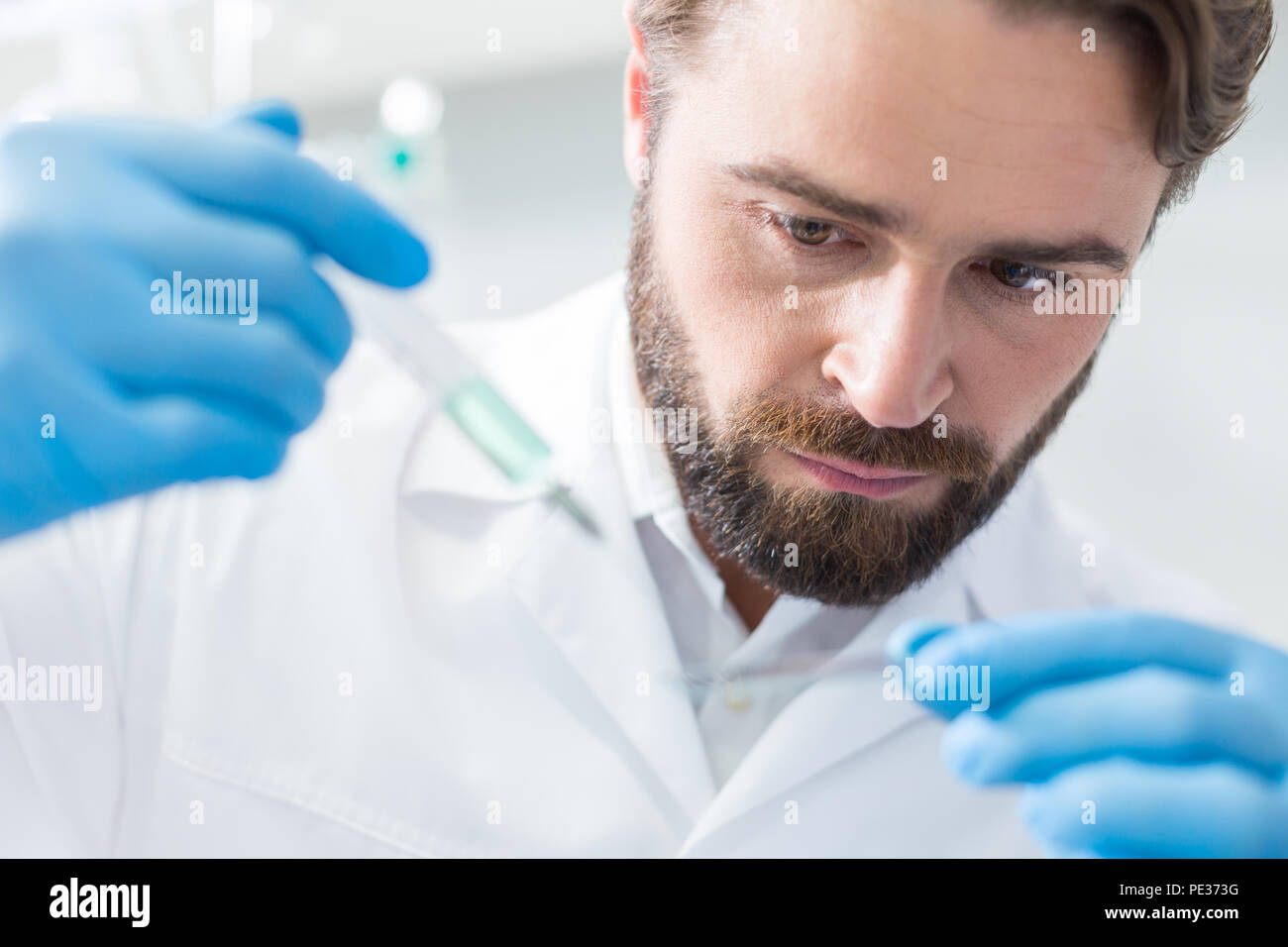 Test biologici. Grave nizza biologo barbuto azienda campioni di prova e a guardarli mentre si conduce un'analisi Foto Stock