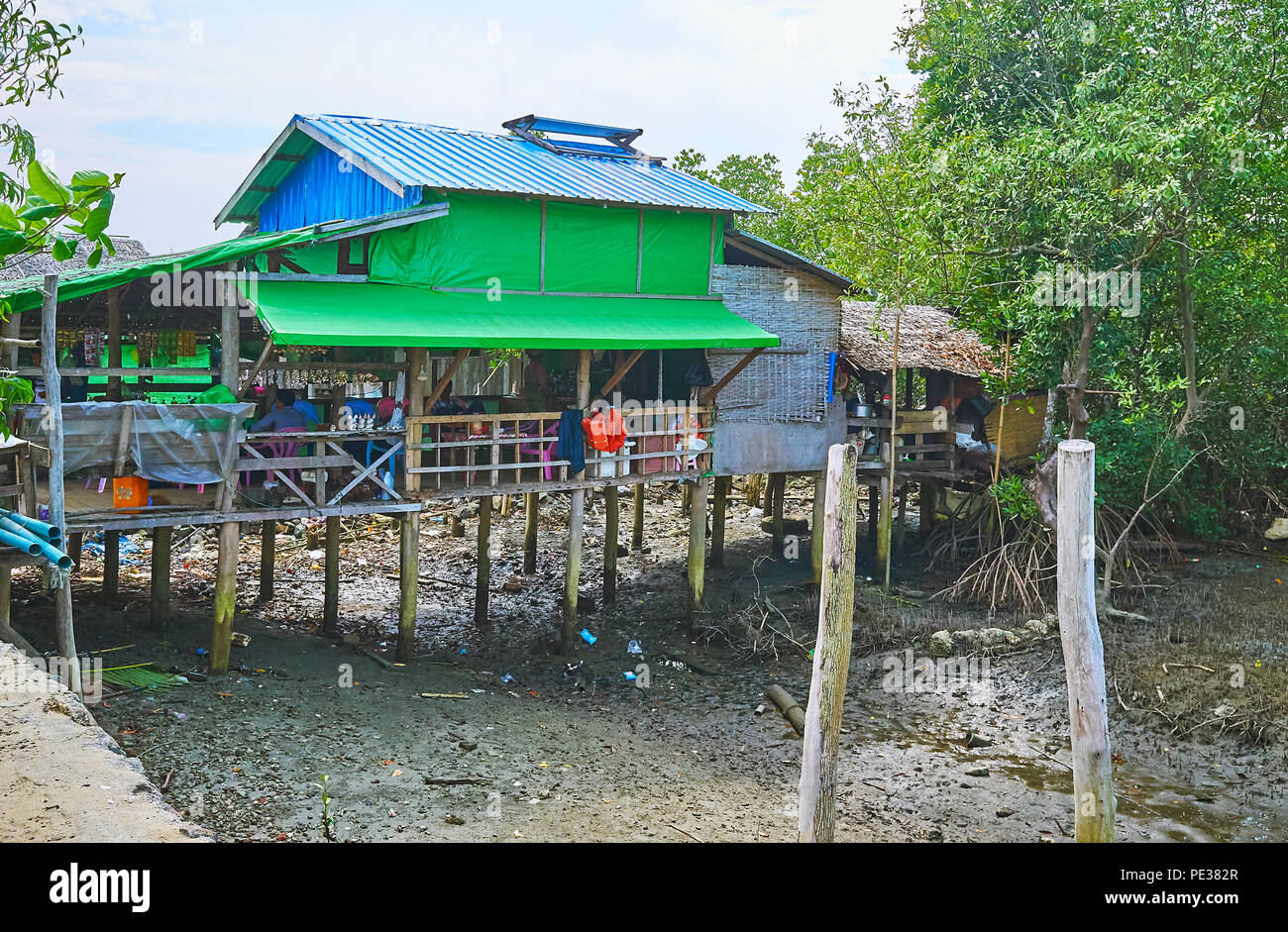 KANGYI, MYANMAR - 28 febbraio 2018: il bar di paese in stilt shanty house, in piedi sul fiume canal e circondato da boschetti di mangrovie con la bassa marea, Foto Stock