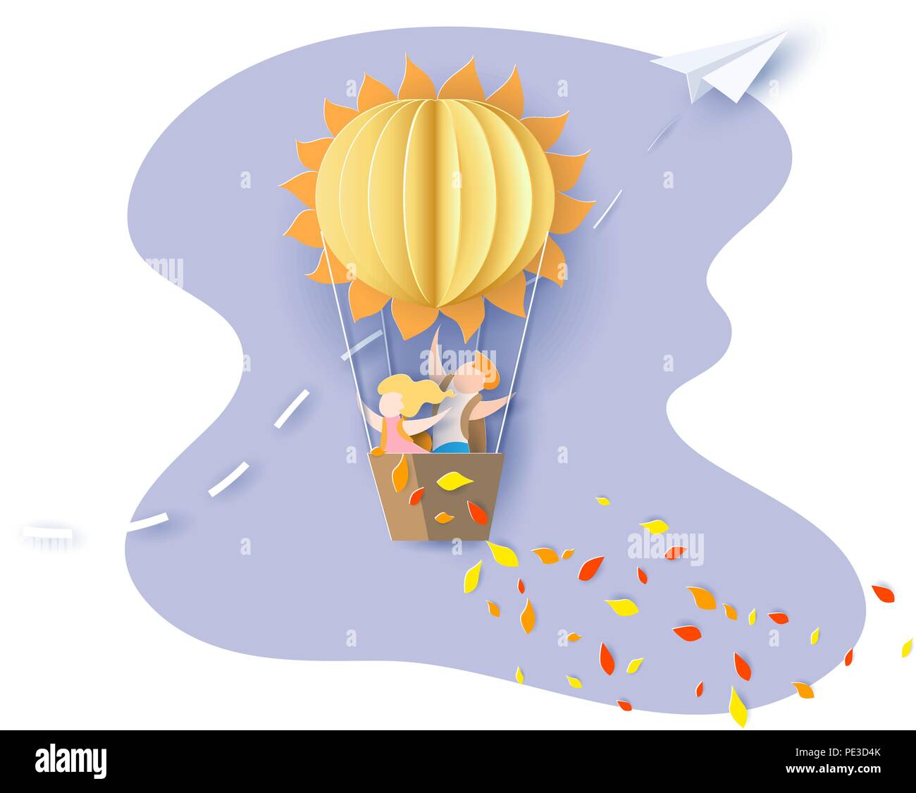 Si torna a scuola 1 settembre scheda con i bambini, foglie e sun a forma di palloncino di aria sul cielo blu sullo sfondo. Illustrazione Vettoriale. Carta tagliata e stile di artigianato. Illustrazione Vettoriale