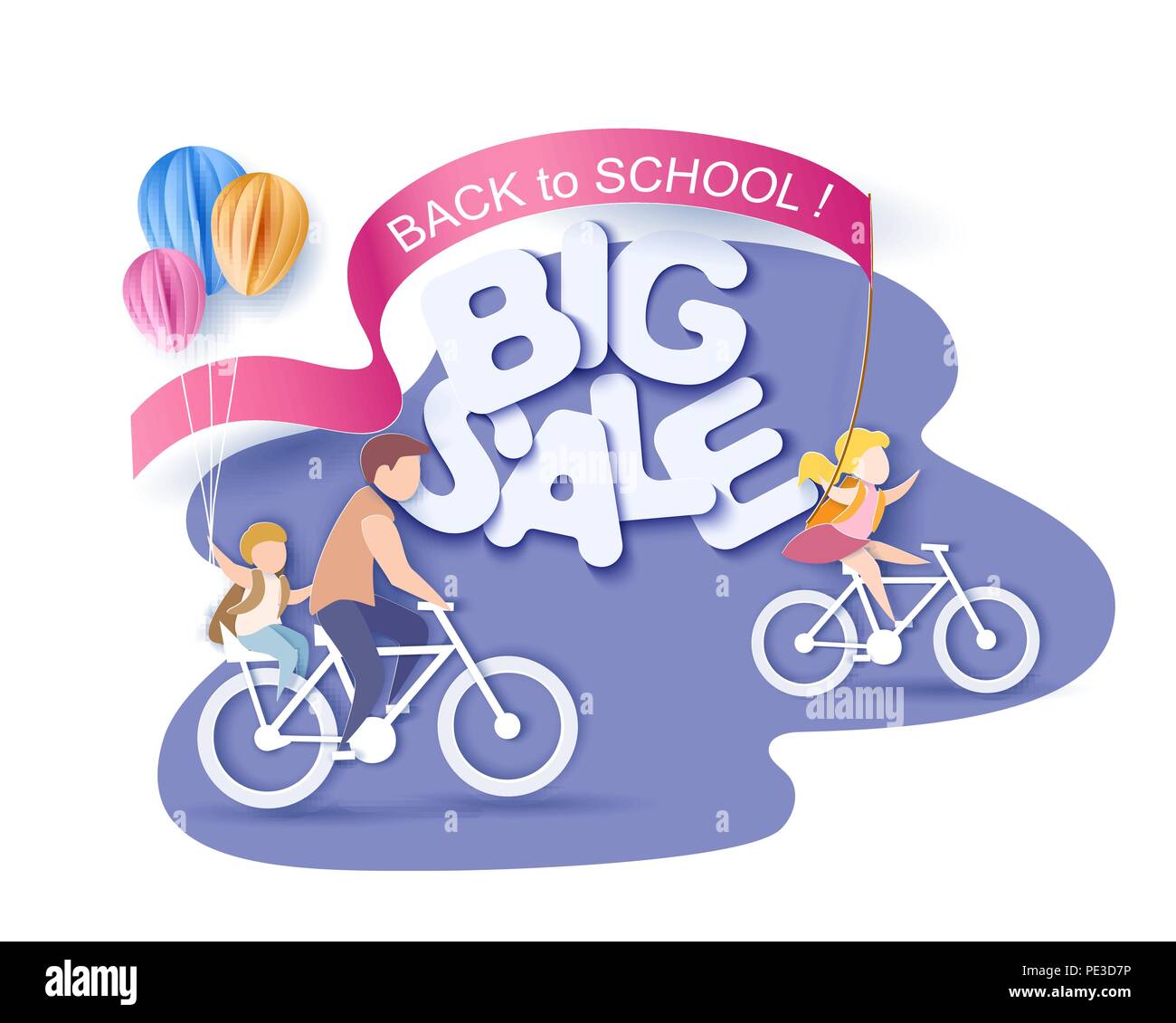 Si torna a scuola 1 settembre la vendita. I bambini in bicicletta con palloncini d'aria. Carta tagliata stile. Illustrazione Vettoriale Illustrazione Vettoriale