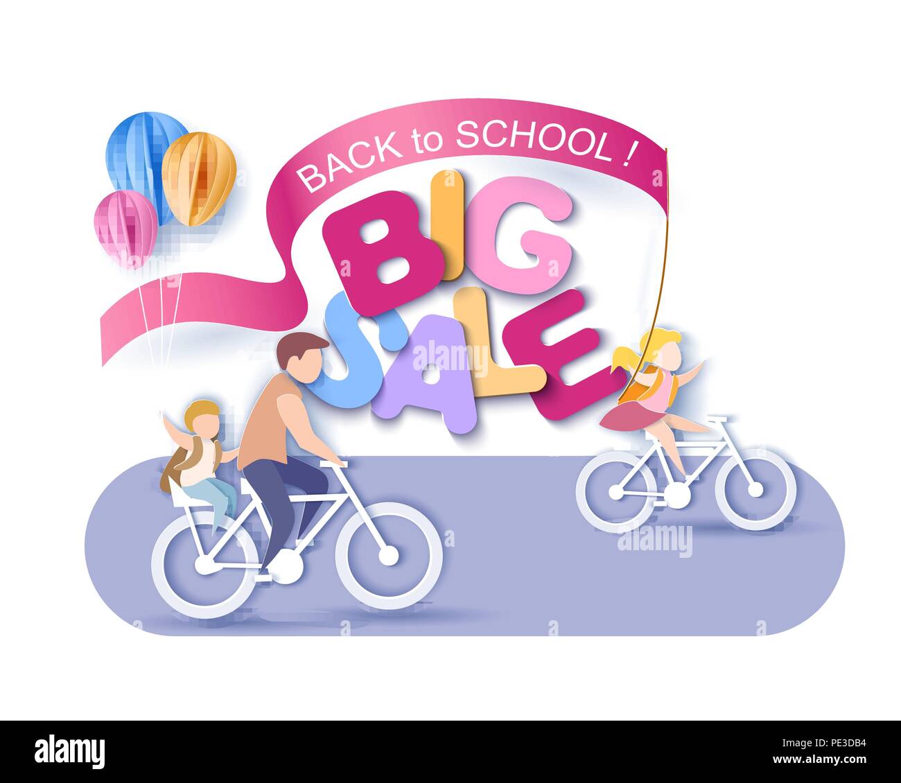 Si torna a scuola 1 settembre la vendita. I bambini in bicicletta con palloncini d'aria. Carta tagliata stile. Illustrazione Vettoriale Illustrazione Vettoriale