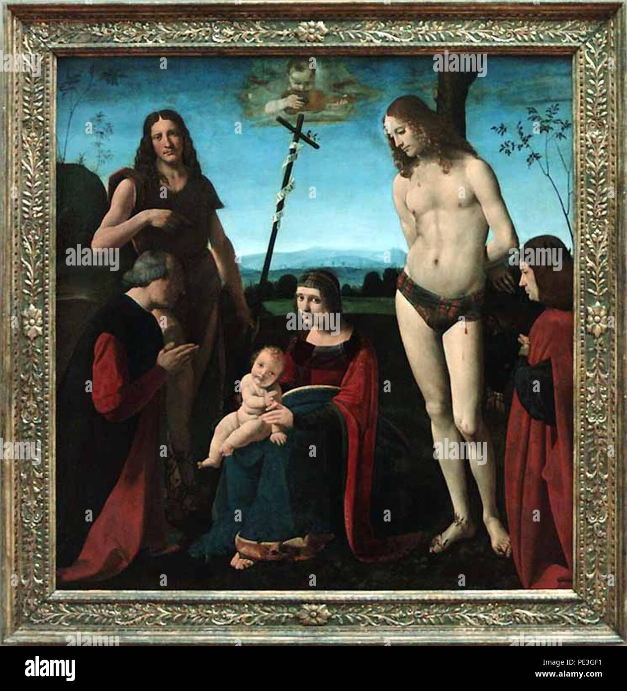 Antonio Giovanni del Boltraffio - Madonna con Bambino e San Giovanni Battista e San Sebastian e due donatori. Foto Stock