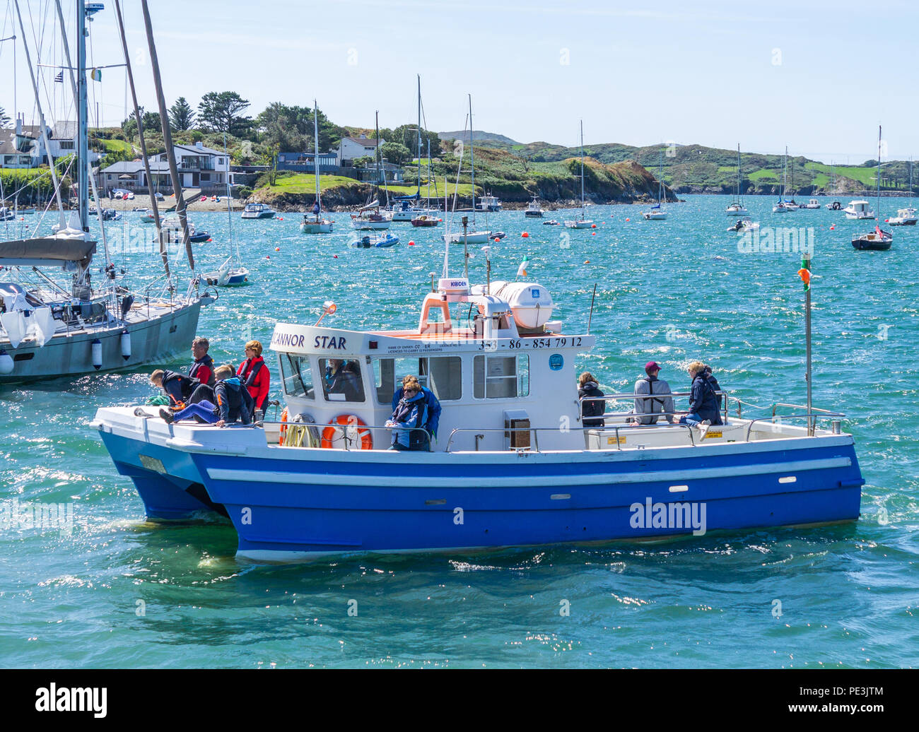 I vacanzieri su un traghetto locale che entrano in porto di Baltimora, West Cork, Irlanda Foto Stock