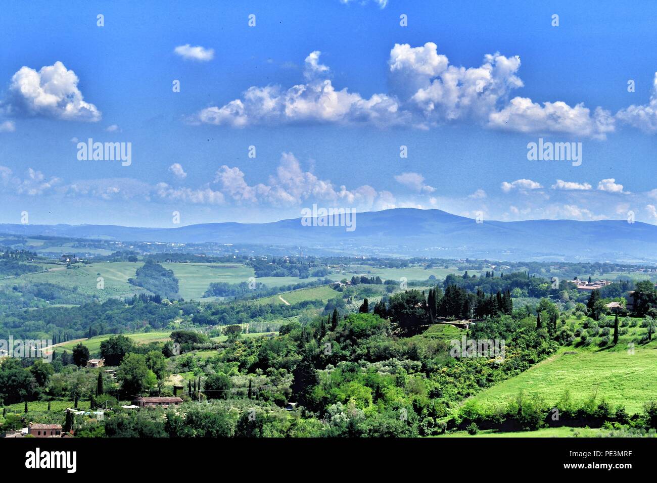 Una bella vista del paesaggio della Toscana verdi pascoli, terre, alberi e colline Foto Stock