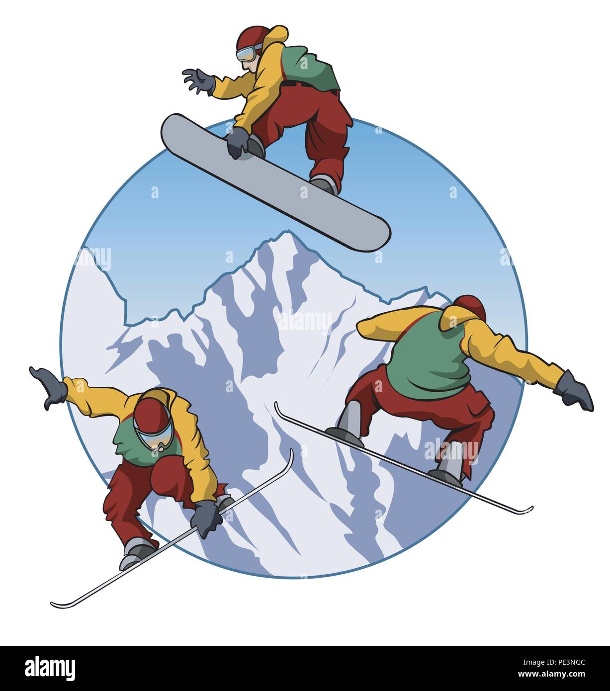 Illustrazione di un snowboarder facendo trucchi - tre diverse posizioni - stile cartoon Illustrazione Vettoriale