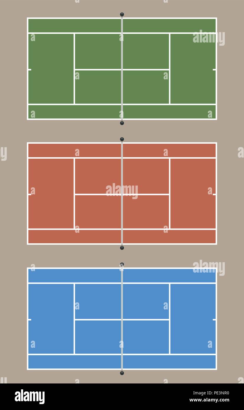 Tre campi da tennis - Vista dall'alto. Top Court: Erba - Medio corte: argilla - Corte di Fondo: asfalto Illustrazione Vettoriale