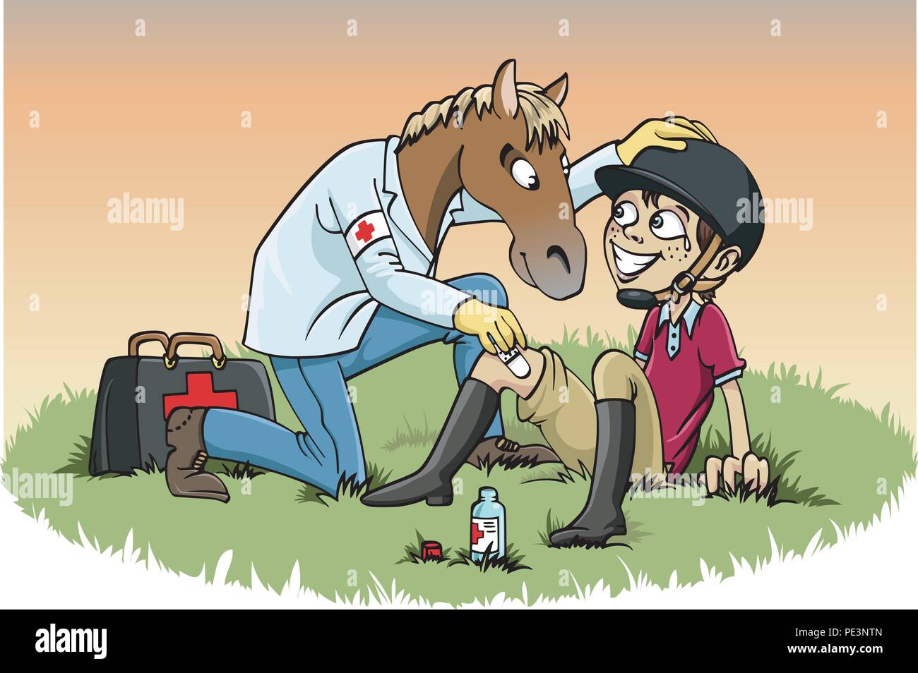 Cartoon-style immagine: un cavallo medico dando trattamento medico di un ragazzo ferito Illustrazione Vettoriale