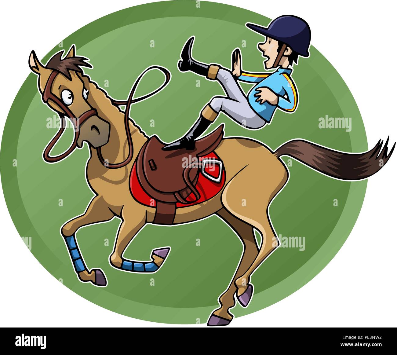 Funny cartoon-style immagine: un ciclista è unsaddled dal suo cavallo al galoppo. Verde di forma ovale sullo sfondo Illustrazione Vettoriale
