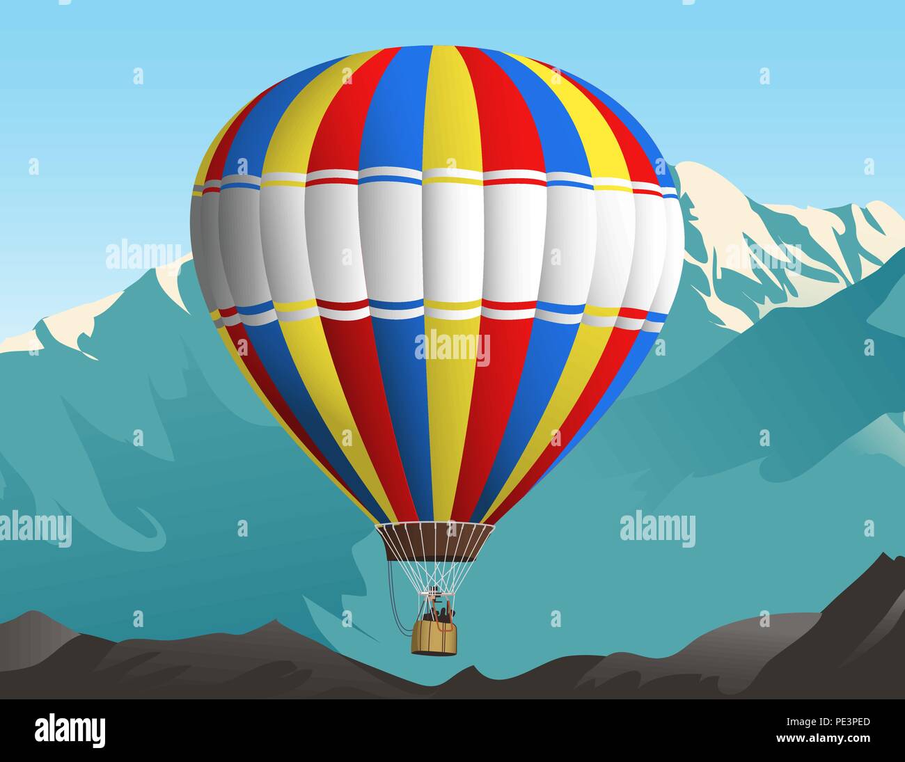 Illustrazione di un pallone aerostatico che viaggiano nel cielo. Montagne sullo sfondo Illustrazione Vettoriale