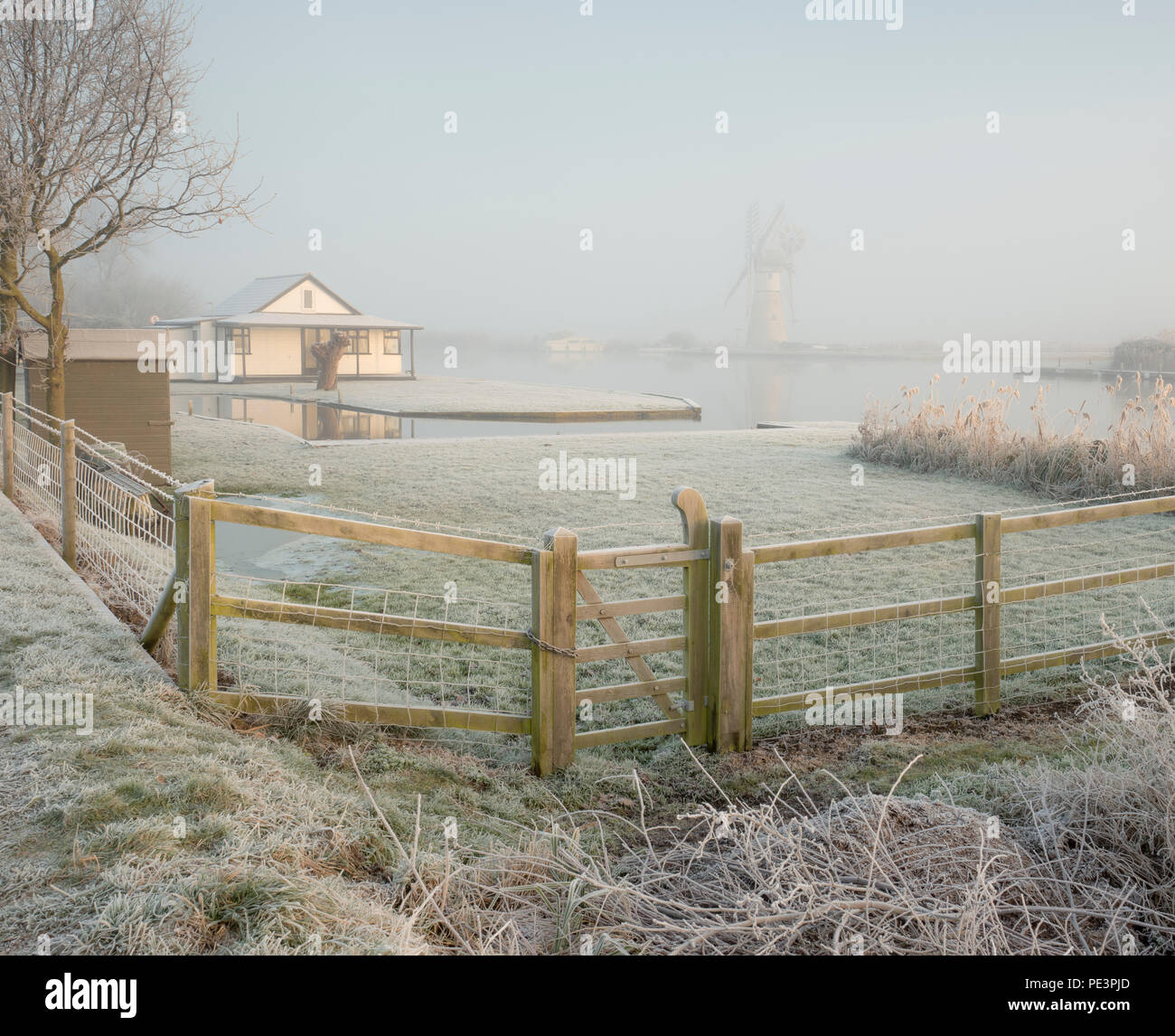 Un freddo gelido mattino di scena sul Norfolk Broads vicino Thurne. Foto Stock