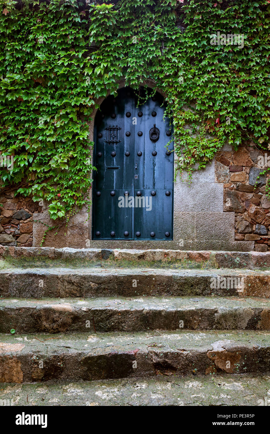 Scale di pietra per la costruzione di icon e vecchie porte circondato da edera rampicante piante, antica città di Tossa de Mar in Catalogna, Spagna Foto Stock