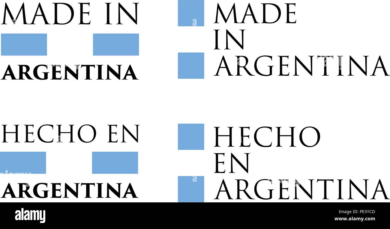 Semplice fatto in Argentina / hecho en (traduzione in spagnolo) etichetta. Il testo con i colori nazionali disposti orizzontali e verticali. Illustrazione Vettoriale