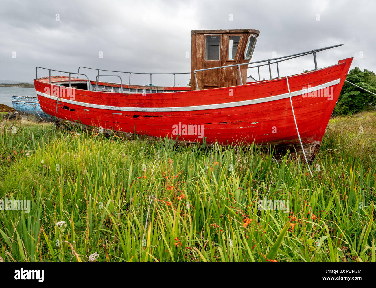 Rosso pesca barca tirata fino al di fuori dell'acqua a Roundstone sulla costa del Connemara in Irlanda occidentale Foto Stock