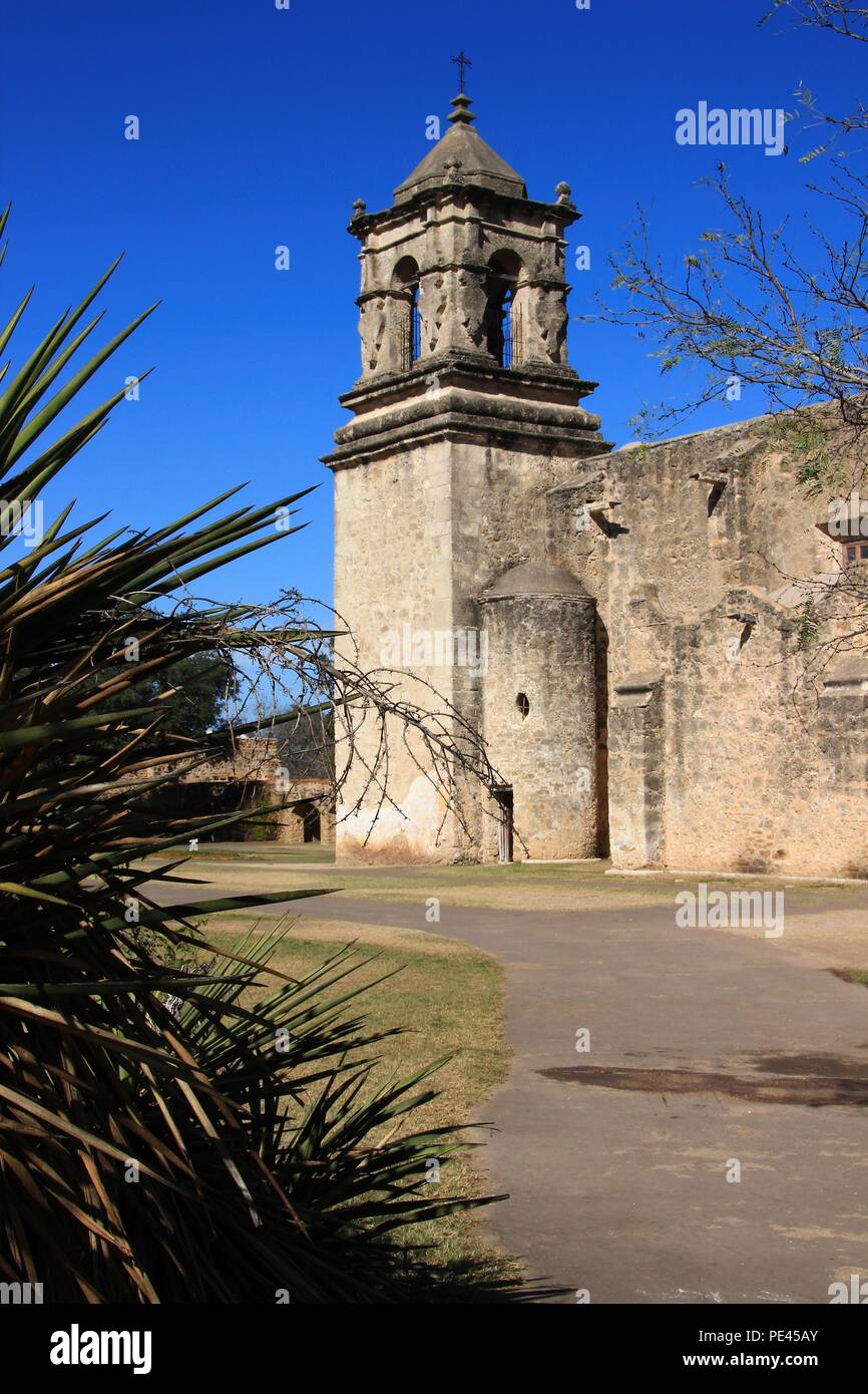 La missione di San Jose, Texas; vista pittoresca della Missione di San Jose, nei pressi di San Antonio, Texas. Foto Stock