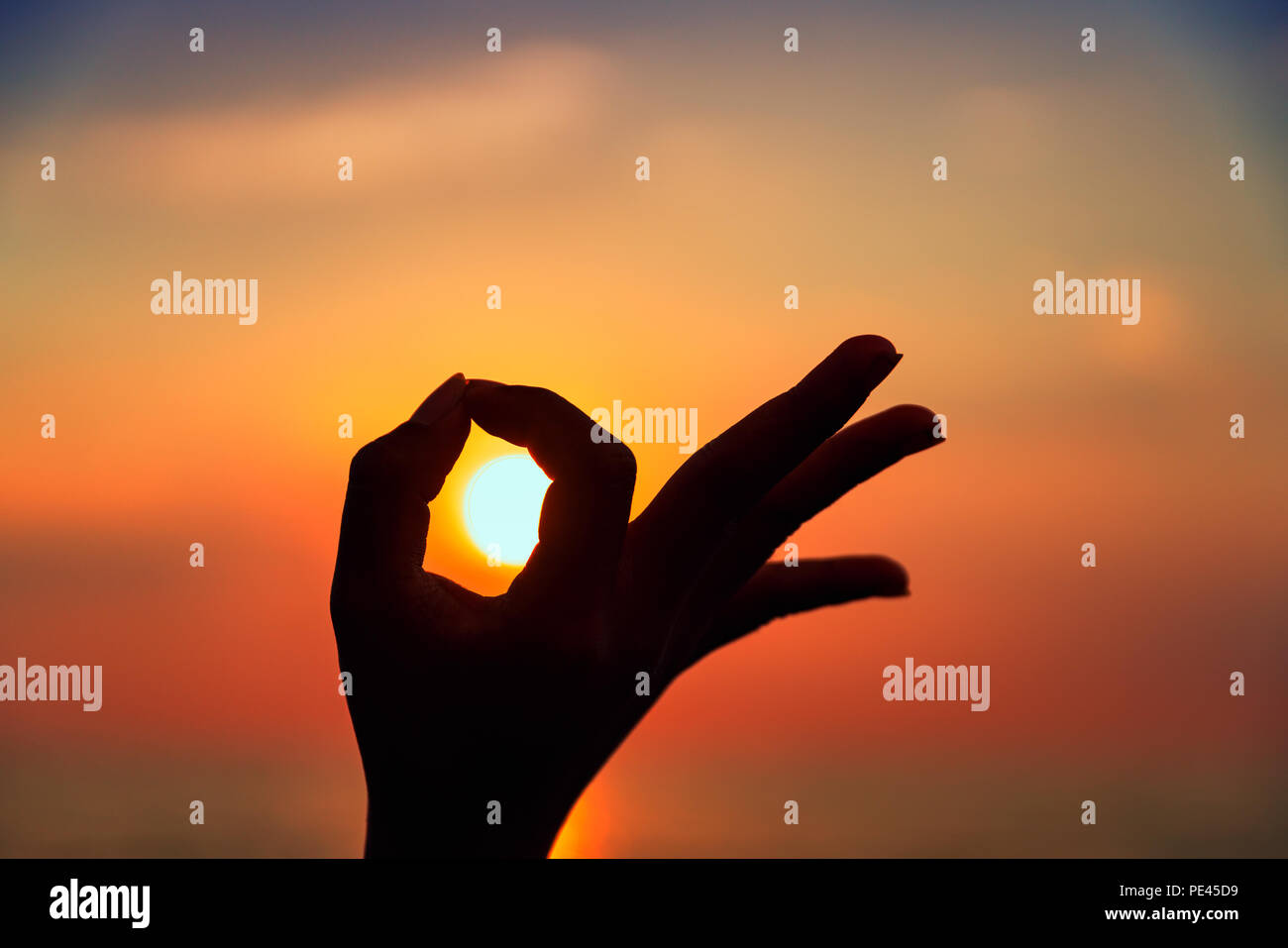 Donna sana pratica dello yoga posa e la meditazione sulla spiaggia tropicale al tramonto Foto Stock