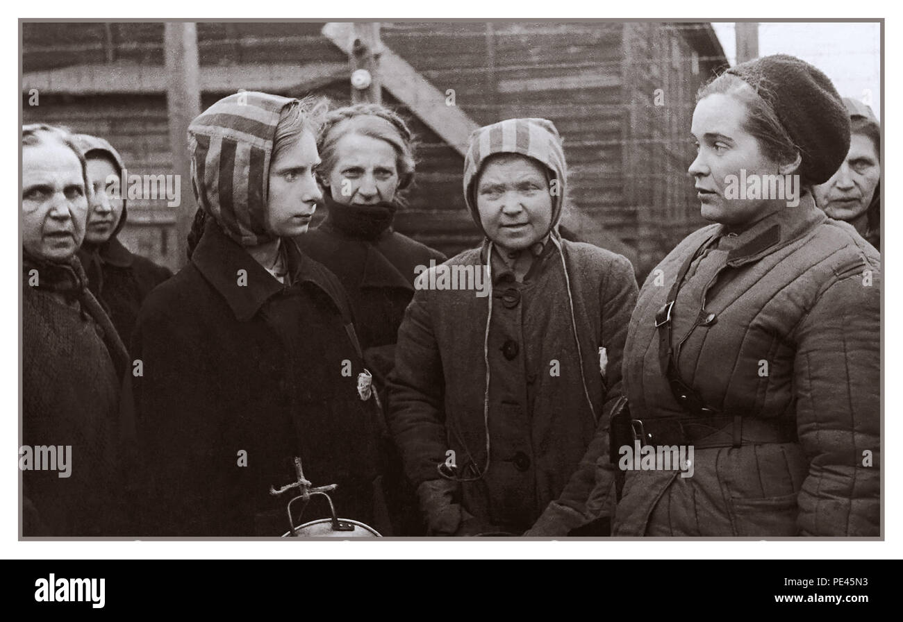 RAVENSBRUCK 1945 donne polacche prigionieri liberati a Ravensbrück campo di concentramento in 1945 parla con una femmina medico sovietico Foto Stock