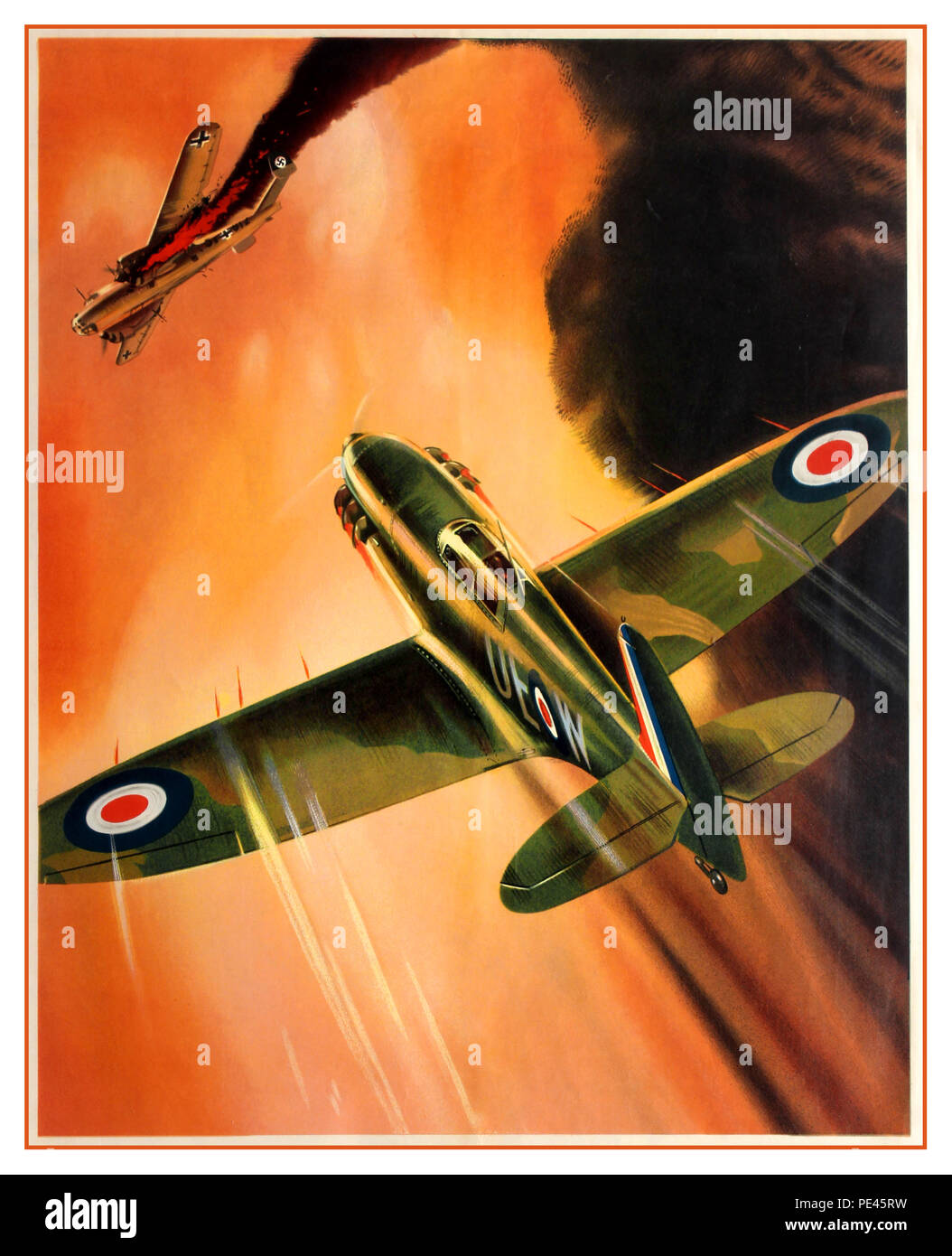 WW2 British UK vintage propaganda di guerra mondiale due poster artwork dotato di uno Spitfire fighter aeromobili battenti verso un criticamente danneggiato Luftwaffe Nazista Tedesco piano bombardiere, con fumo scuro proveniente da un motore di masterizzazione 1940s Battaglia di Bretagna.... legendées: 'Avanti alla vittoria" Foto Stock