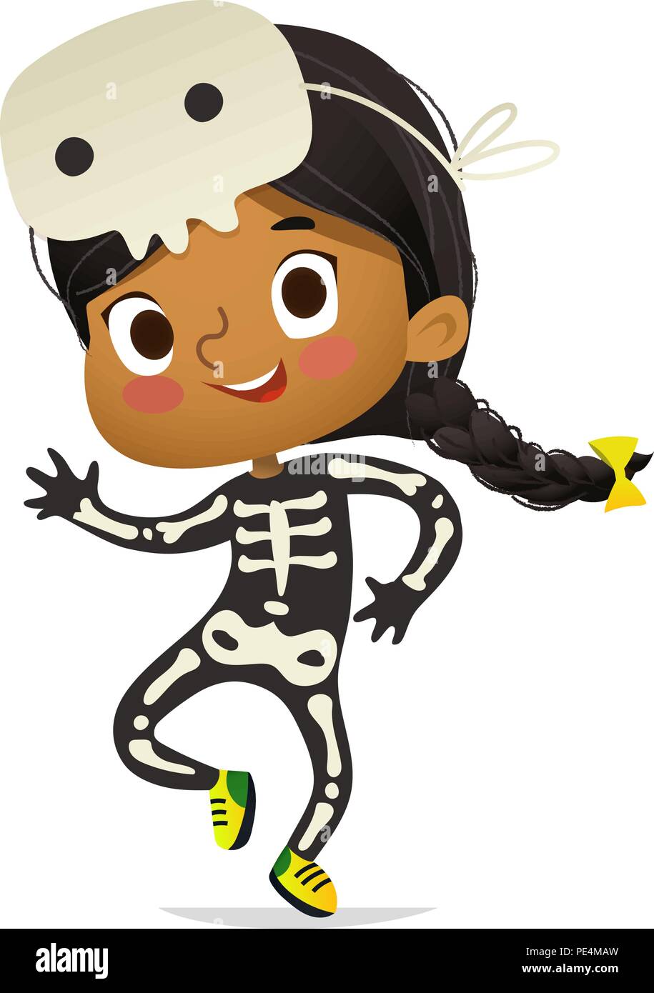 Ragazza afro-americano skeletom indossando il costume e la maschera del cranio dancing. Ragazza ragazzo in costume di Halloween per ballare e ridere. Vettore. Carattere per la festa di Halloween, inviti, web, mascotte. Isolato Illustrazione Vettoriale