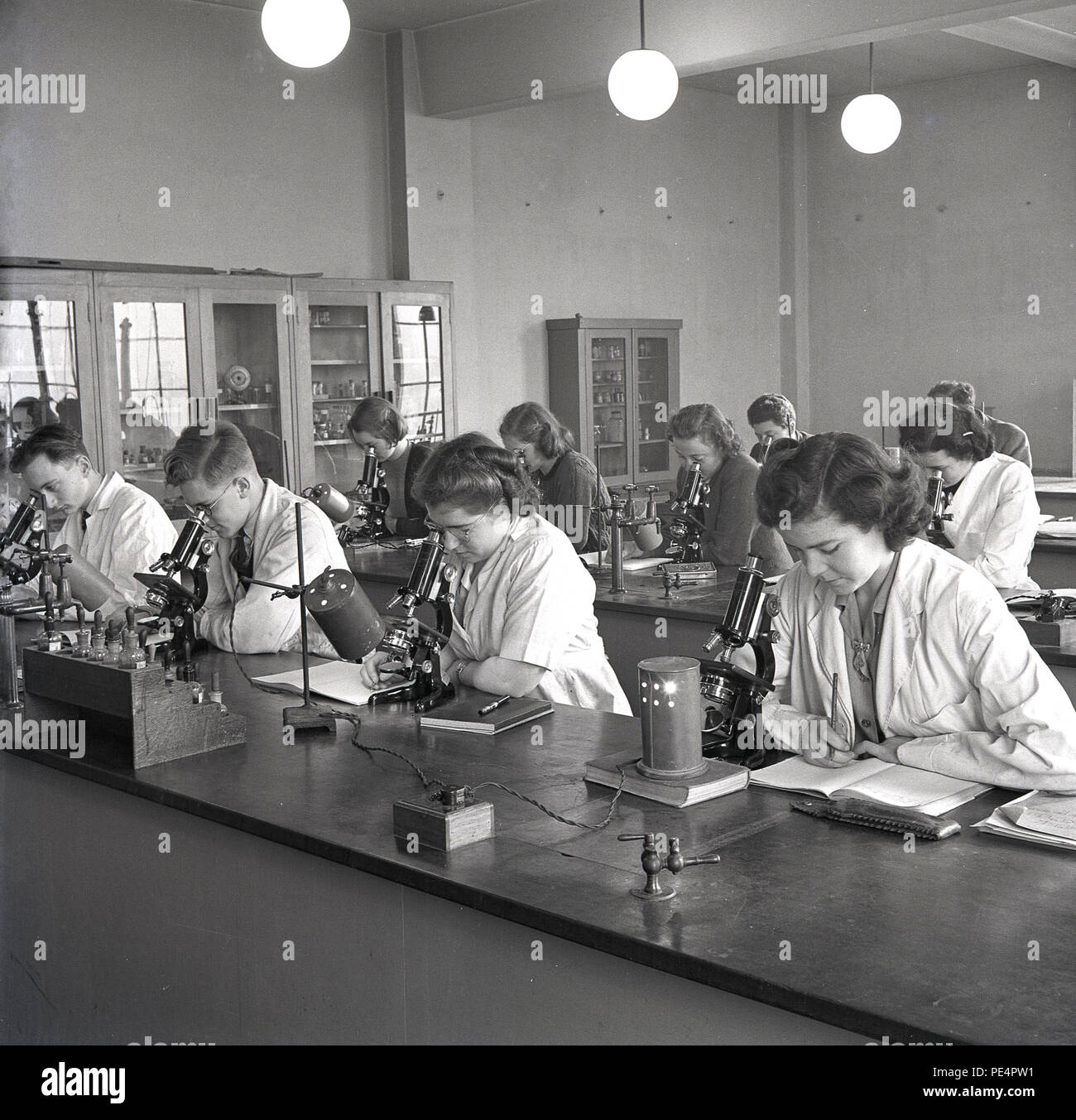 Degli anni Cinquanta, storico, giovani adulte scienza laureandi utilizzano microscopi nei loro studi in una università di classe, Inghilterra, Regno Unito. Foto Stock