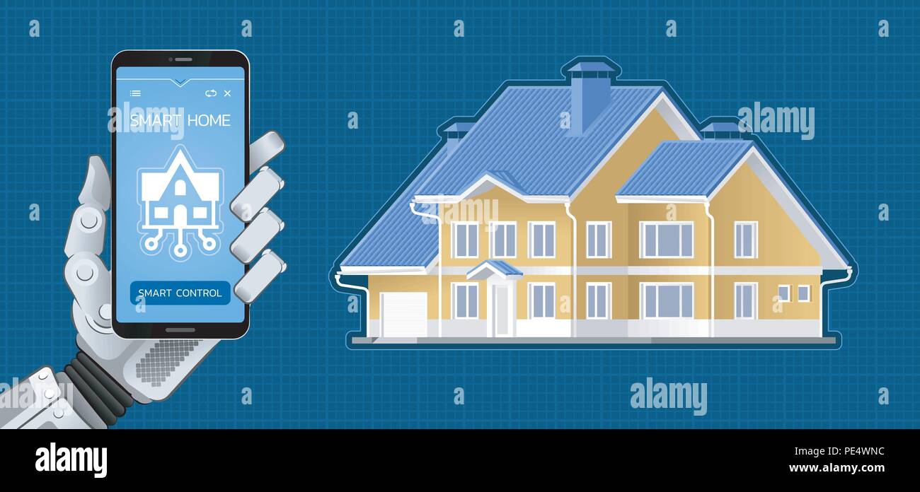 Automazione della casa intelligente Controllo tramite Mobile App Illustrazione Vettoriale