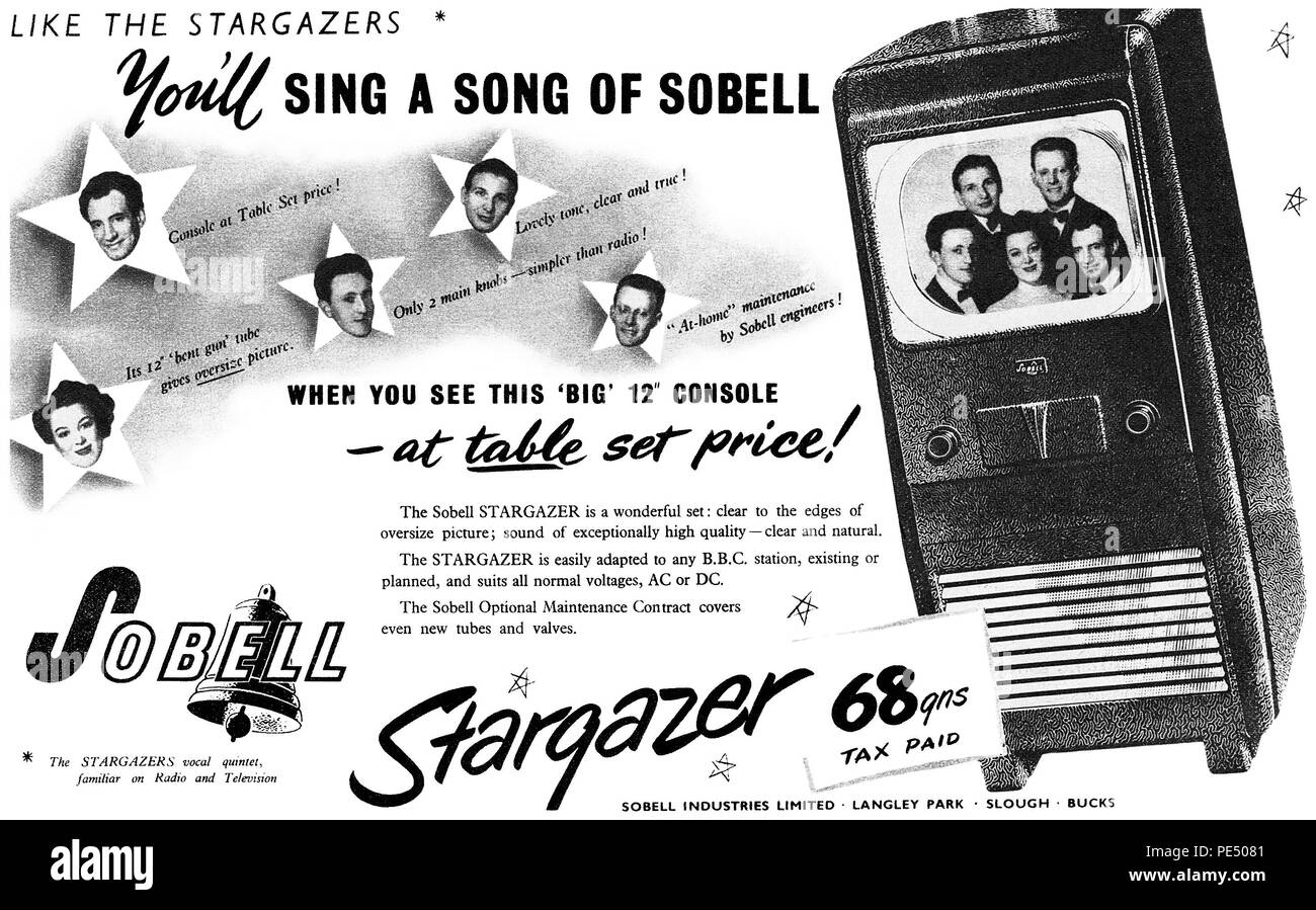 1951 British pubblicità per il Sobell Stargazer televisione, dotato di gruppo vocale, il Stargazers. Foto Stock