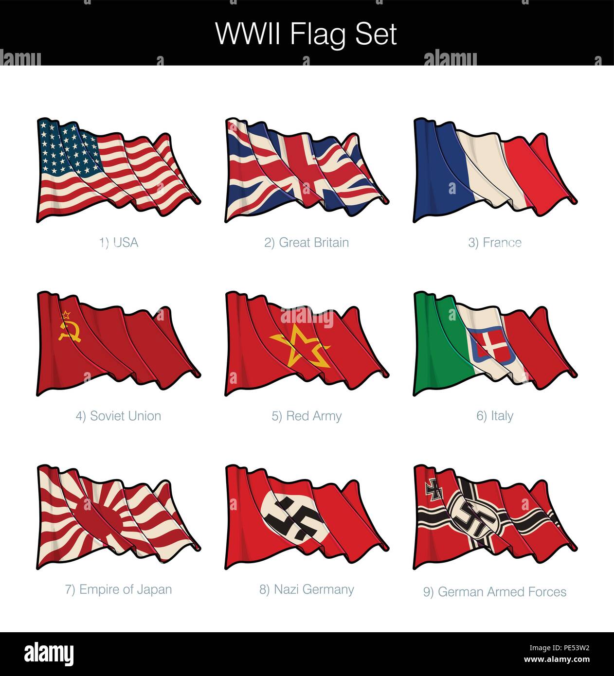 Seconda guerra mondiale sventola Bandiera Set. Il set include il flag da tutte le principali asse e alleati ai partecipanti. Icone vettoriali tutti gli elementi ordinatamente su strati n Gr Illustrazione Vettoriale
