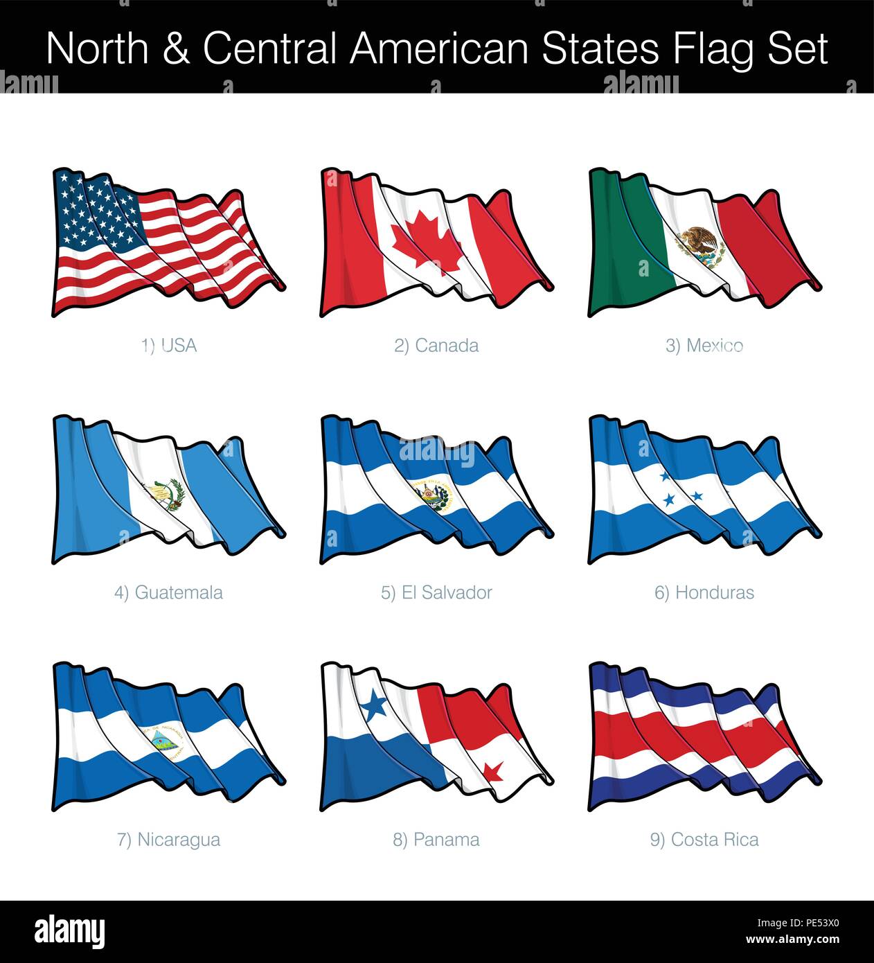 Nord e America Centrale sventola Bandiera Set. Il set include le bandiere degli Stati Uniti d'America, Canada, Messico, Guatemala, El Salvador, Honduras, Nicaragua, Pan Illustrazione Vettoriale