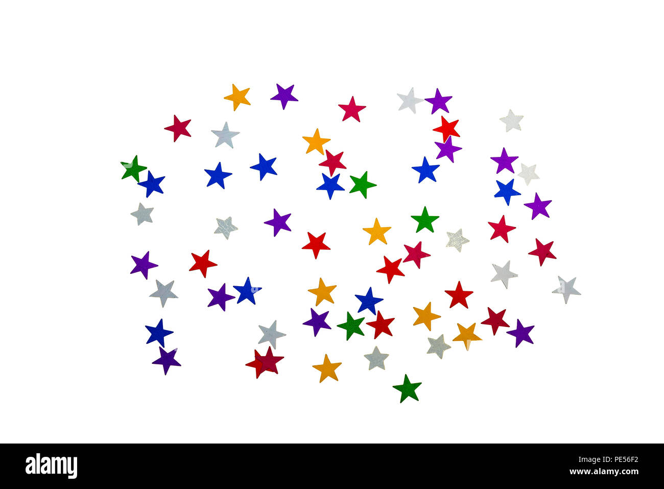 Foglio colorato stelle prevista in una configurazione astratta su bianco. Foto Stock