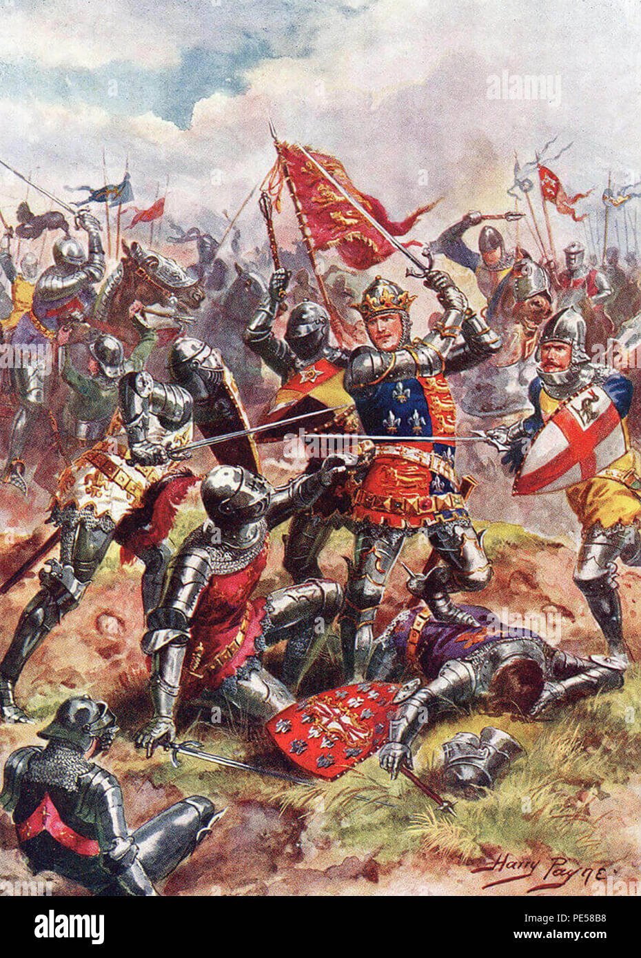 Battaglia di AGINCOURT 25 ottobre 1415. Illustrazione di artista inglese Harry Payne circa 1912 mostra Enrico V che conduce i suoi soldati Foto Stock