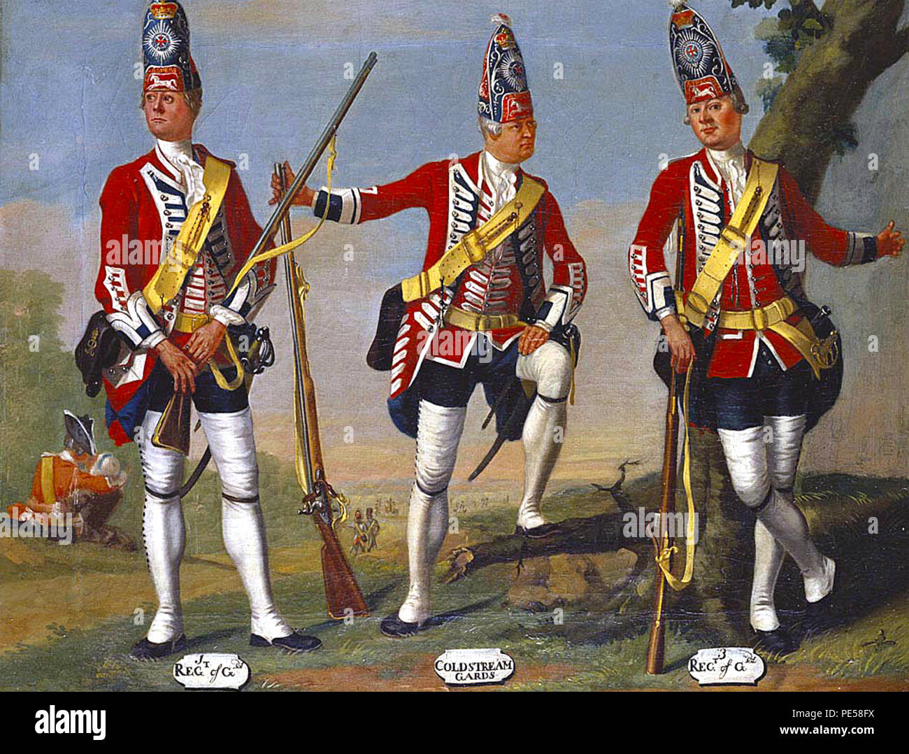 BRITISH Guardia a Piedi granatieri del 1st, Coldstream e terza reggimenti in 1751 dipinta da Anglo-Swiss artista David Morier che specializzato in temi militari. Uno di una serie conosciuta come il granatiere dipinti. Foto Stock