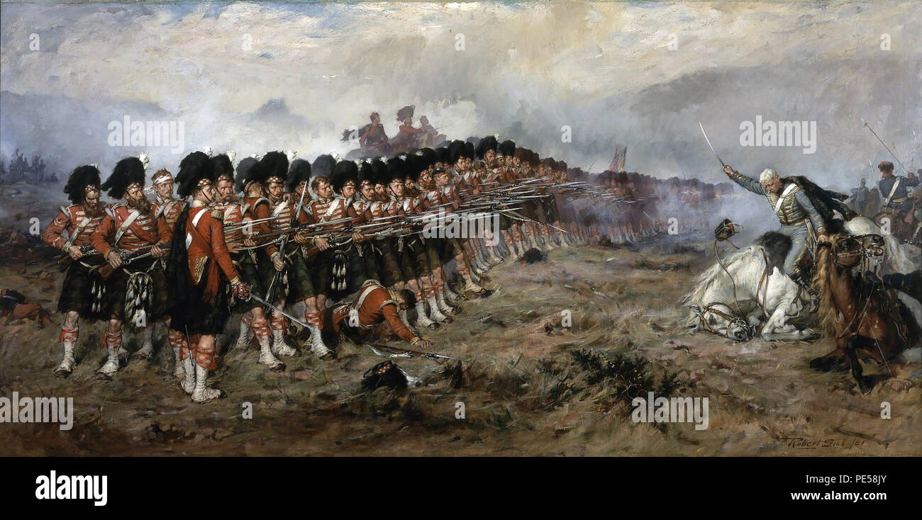 La sottile linea rossa il 1881 dipinto di Robert Gibb che mostra la 93(Sutherland Montanari) Reggimento di piedi in piedi contro la cavalleria Russa nella battaglia di Balaclava su 25 Ottobre 1854 durante la guerra in Crimea Foto Stock