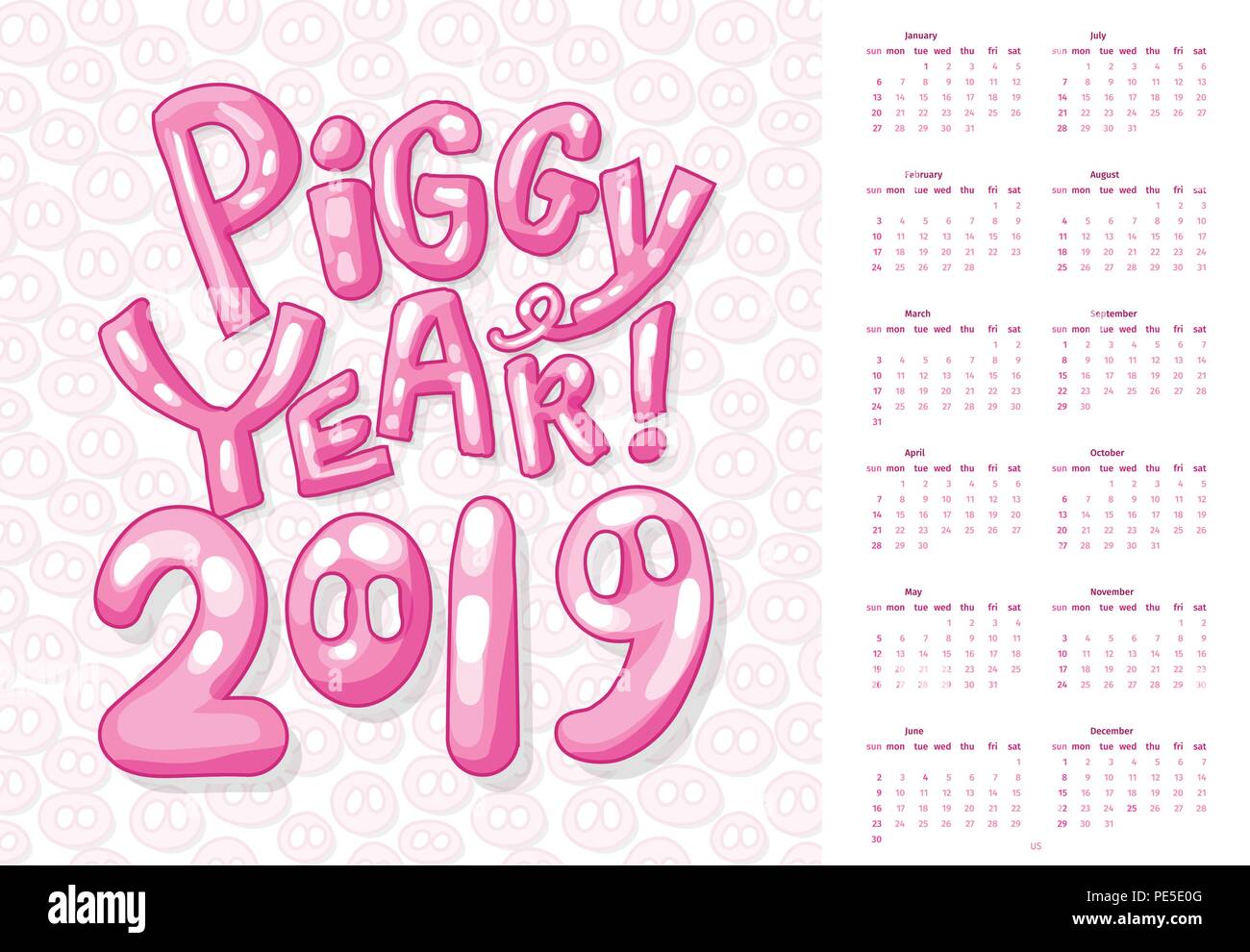Il calendario del coperchio anteriore per 2019 Rosa Piggy anno. Cartoon e stile infantile. Settimana inizia Domenica. Muso di maiale e Lettering Slogan Piggy anno. Stampa con Organizer .Celebrazione Poster Illustrazione Vettoriale