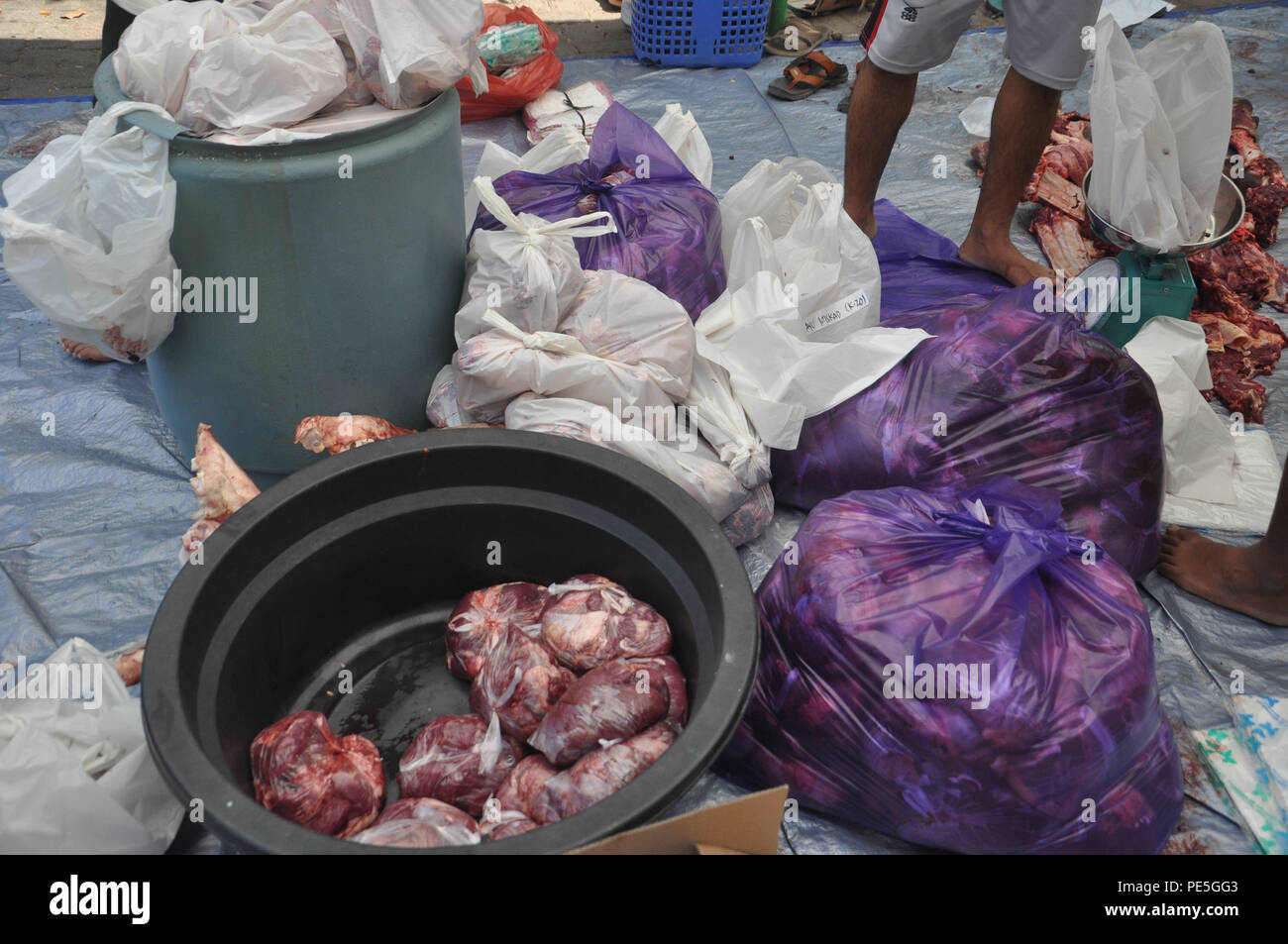 La carne del sacrificio animale è confezionato in sacchetti di plastica prima distribuiti alla comunità. Foto Stock