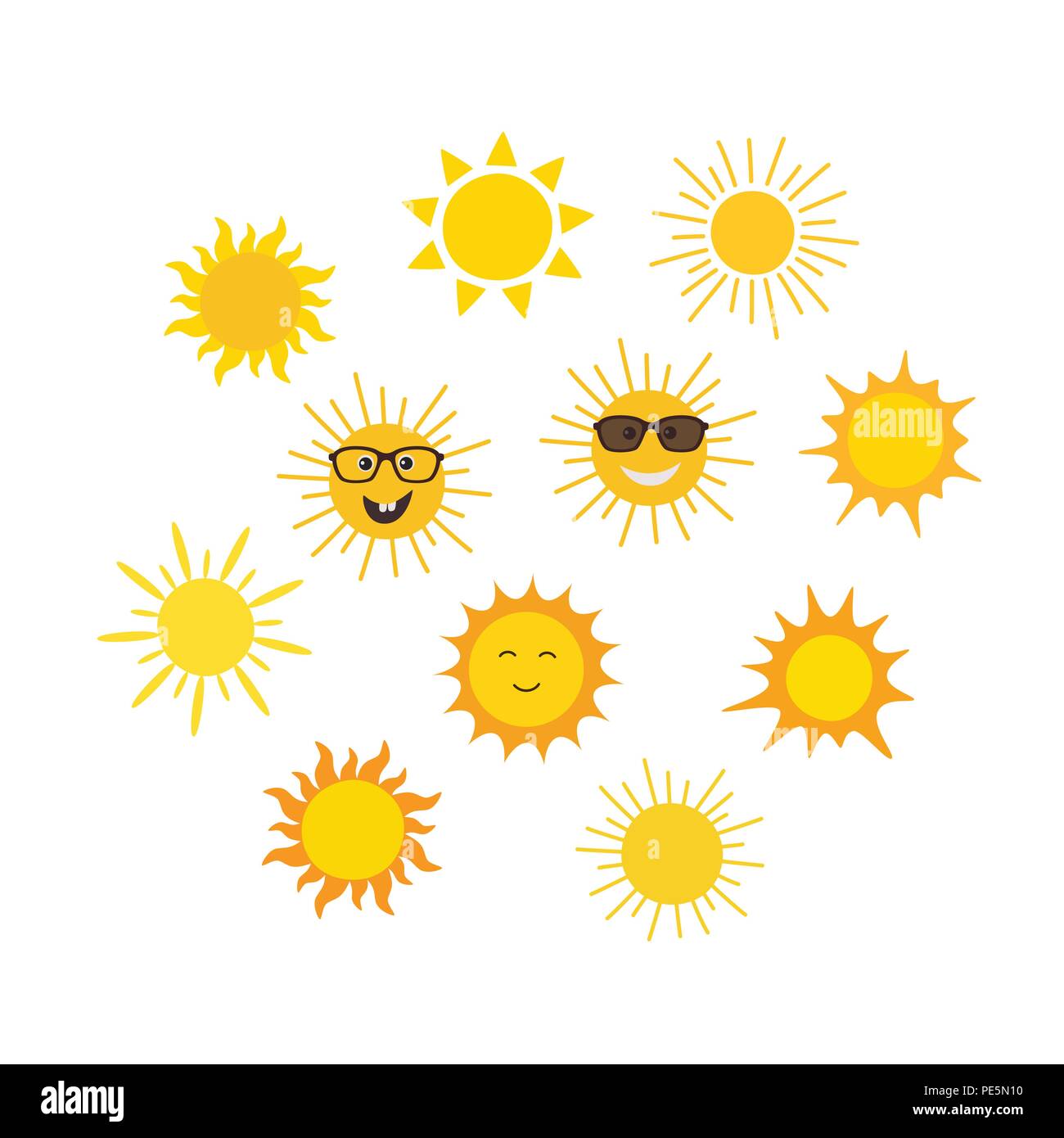 Vettore divertente doodle suns. Disegnata a mano impostato. Illustrazione Vettoriale