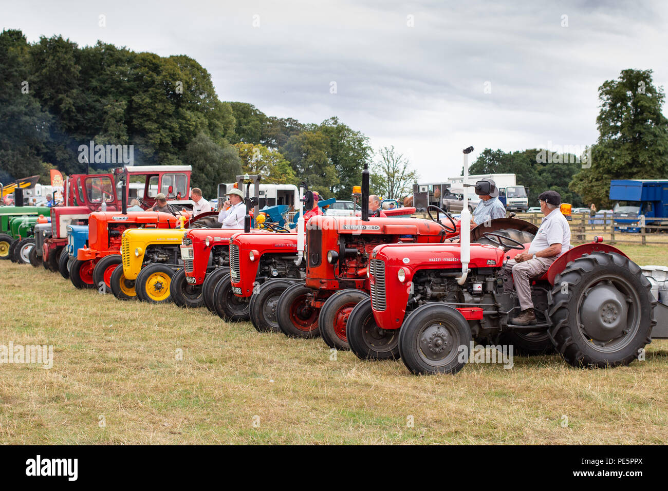Trattori d'epoca in attesa di essere giudicati in base al ring a Canwell paese mostrano, Sutton Coldfield, vicino a Birmingham Foto Stock