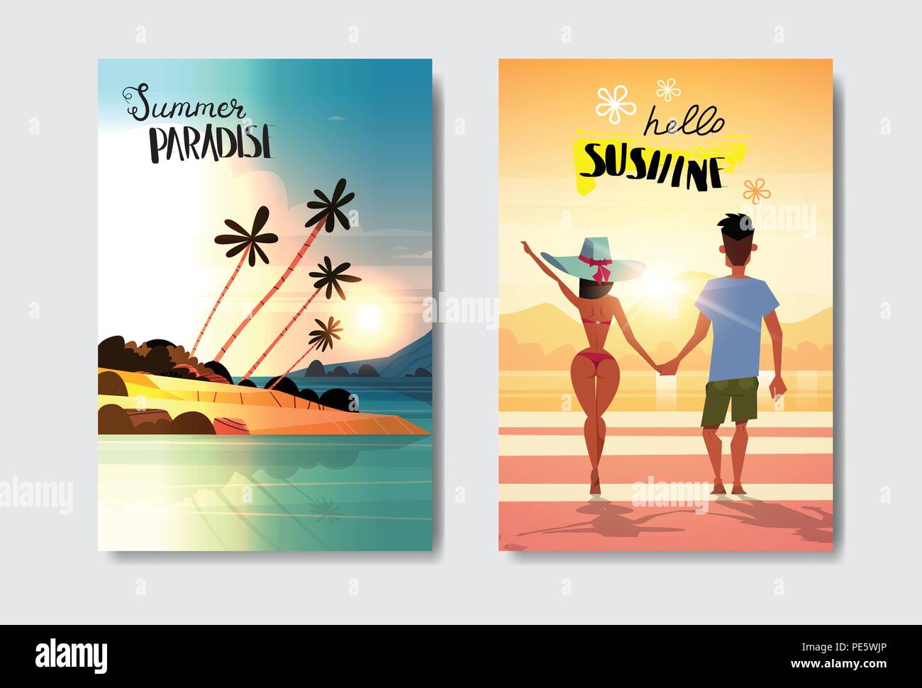Impostare uomo donna giovane tenendo le mani guardando il tramonto vista posteriore la vacanza estiva spiaggia tropicale Design badge etichetta. Stagione Vacanze scritte per il logo,Modelli, invito biglietto di auguri, poster e stampe. Illustrazione Vettoriale