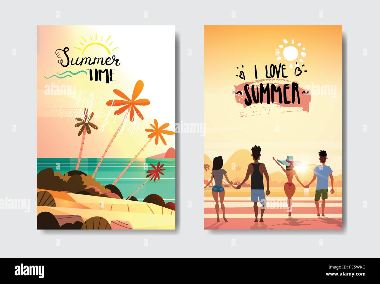 Impostare estate amano le persone tenendo le mani guardando il tramonto vista posteriore spiaggia tropicale Design badge etichetta. vacanza scritte per il logo,Modelli, invito biglietto di auguri, poster e stampe. Illustrazione Vettoriale