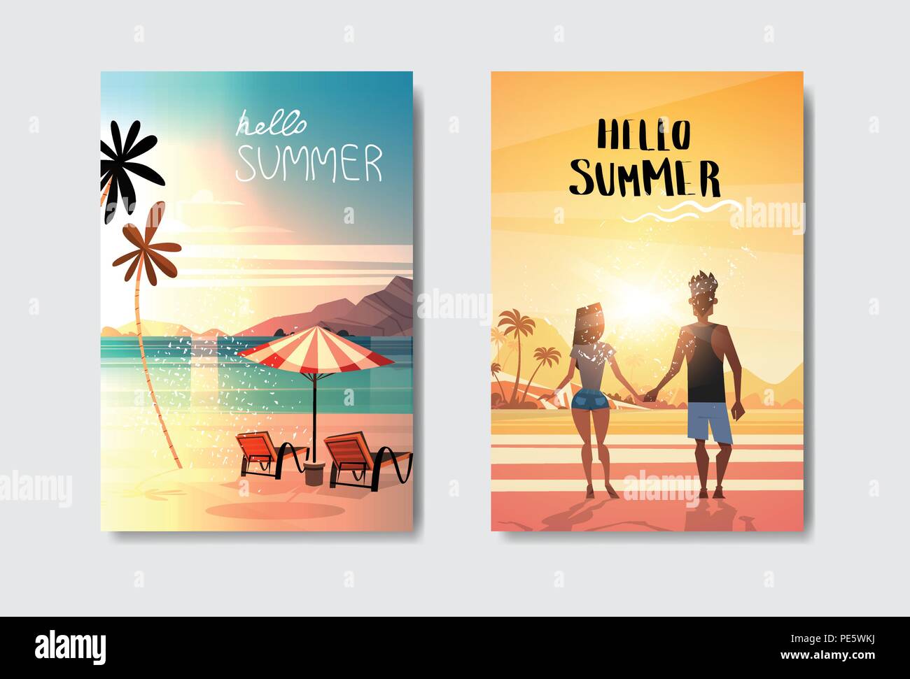 Impostare uomo donna giovane tenendo le mani guardando il tramonto vista posteriore ombrellone sedie a sdraio sulla spiaggia Design badge etichetta. vacanza scritte per il logo,Modelli, invito biglietto di auguri, poster e stampe. Illustrazione Vettoriale