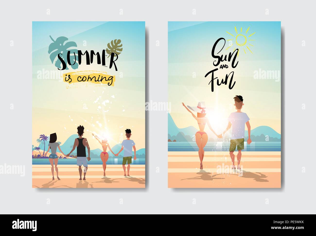Impostare uomo donna giovane holding hands cerca sunrise vista posteriore la vacanza estiva spiaggia Design badge etichetta. lettering per logo,Modelli, invito biglietto di auguri, poster e stampe. Illustrazione Vettoriale