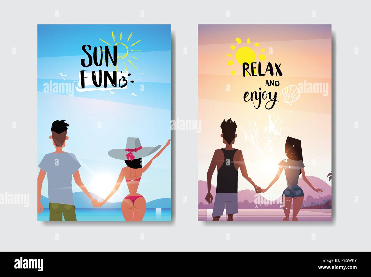 Impostare uomo donna giovane holding hands cerca sunrise Sunset beach vista posteriore la vacanza estiva Design lettering etichetta per logo,Modelli, invito biglietto di auguri, poster e stampe. Illustrazione Vettoriale