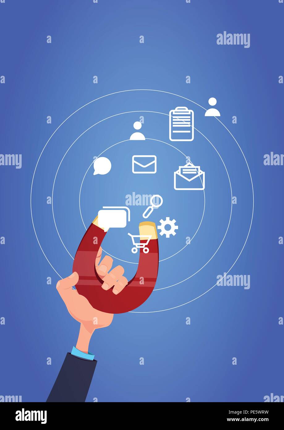 Tenere in mano il magnete icona di comunicazione trazione. Il supporto delle chat di concetto di elaborazione su sfondo blu design piatto Illustrazione Vettoriale