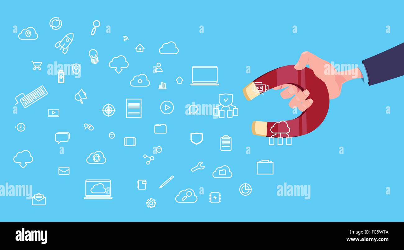 Mano tenere il magnete dati di comunicazione internet cloud icona sincronizzazione tirando. rete il concetto di elaborazione su sfondo blu design piatto Illustrazione Vettoriale