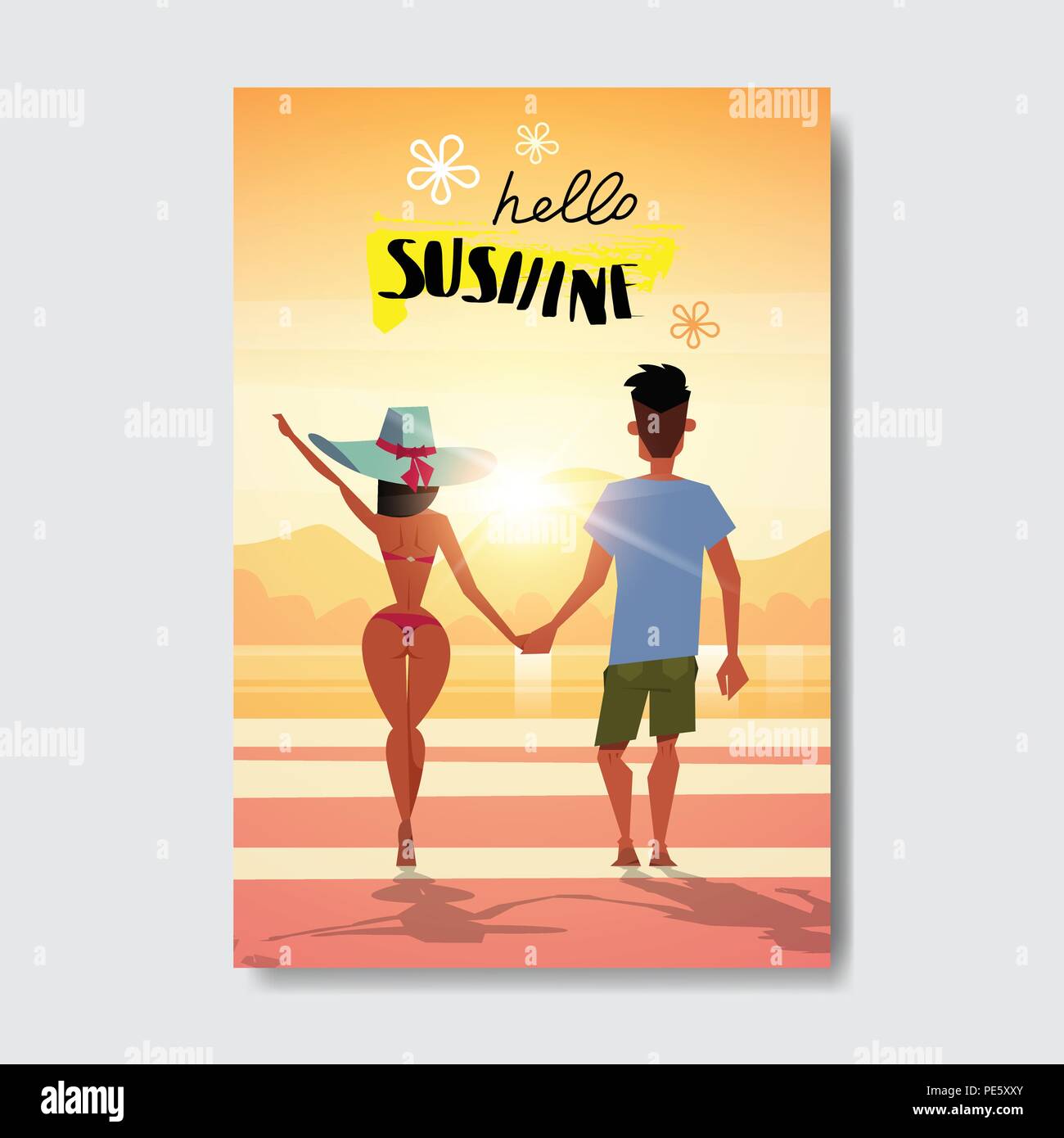 Summer love gente giovane tenendo le mani guardando il tramonto vista posteriore relax landscape beach Design badge etichetta. Stagione Vacanze scritte per il logo,Modelli, invito biglietto di auguri, poster e stampe. Illustrazione Vettoriale