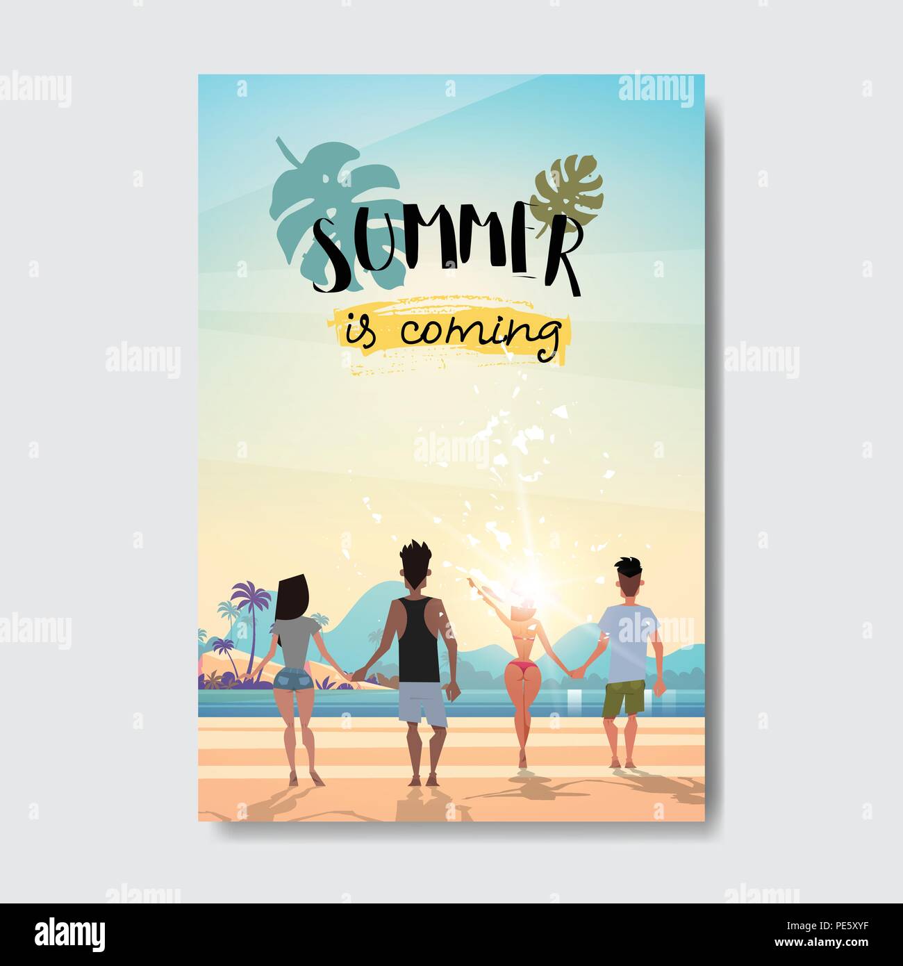 Estate amano le persone tenendo le mani in cerca sunrise vista posteriore relax landscape beach Design badge etichetta. Stagione Vacanze scritte per il logo,Modelli, invito biglietto di auguri, poster e stampe. Illustrazione Vettoriale