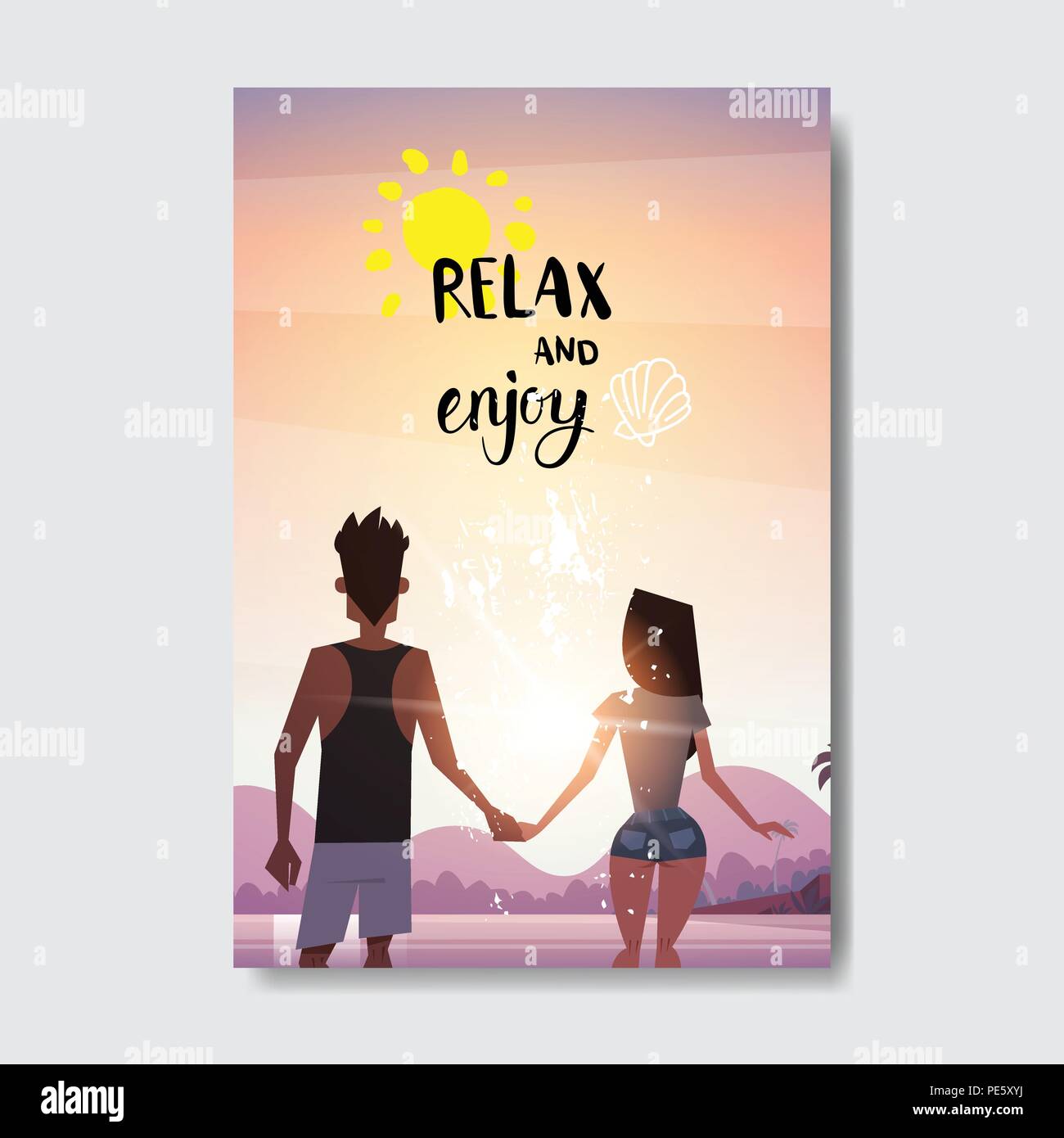 Summer love uomo donna giovane ritratto tenendo le mani guardando il tramonto vista posteriore relax landscape beach Design badge etichetta. Stagione Vacanze scritte per il logo,Modelli, invito biglietto di auguri, poster e stampe. Illustrazione Vettoriale