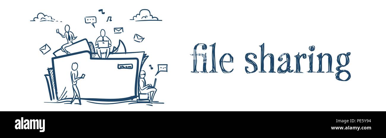 Il cloud di storage dei dati di file della cartella di condivisione il concetto di servizio gli imprenditori che lavorano insieme su sfondo bianco schizzo doodle banner Illustrazione Vettoriale