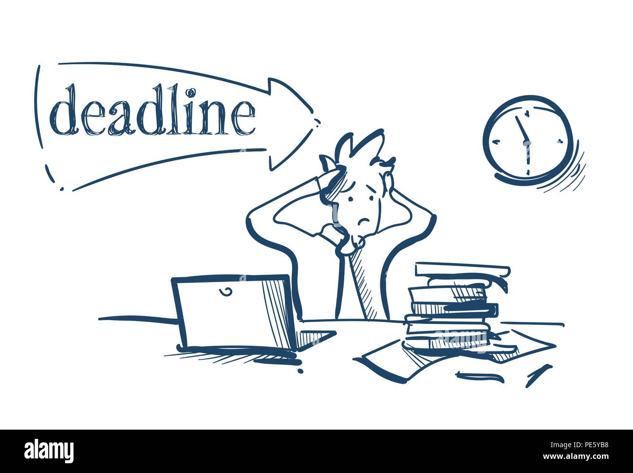 Imprenditore confuso tenendo la testa stanco termine risolvere problemi nozione di lavoro duro processo di sfondo bianco schizzo doodle Illustrazione Vettoriale